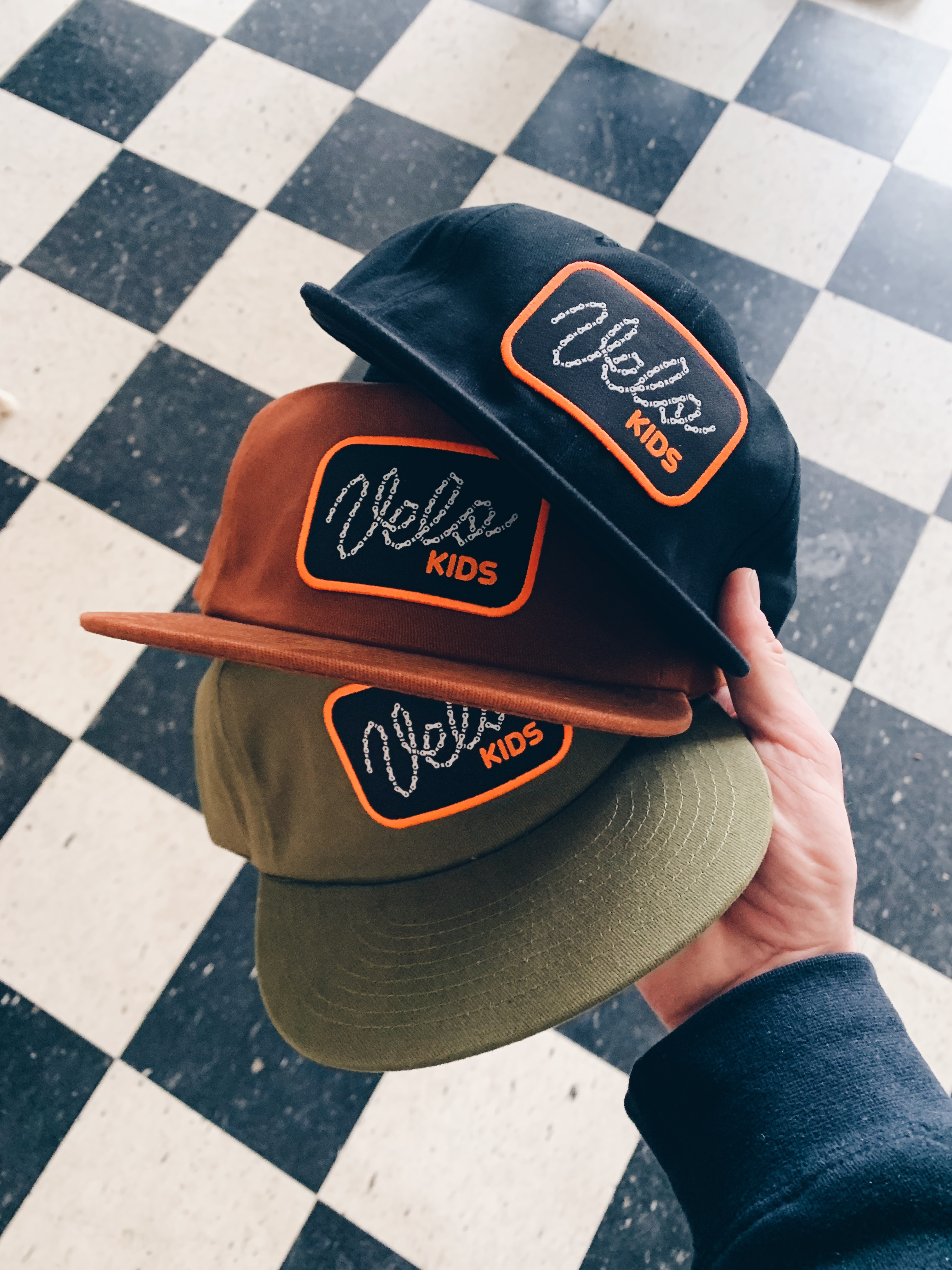 Velo Kids bike chain script bike chain cycling hat kids lettering merch non patch profit script velo