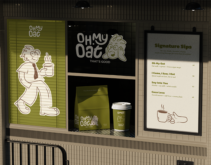 Oh My Oat Visual Identity & Cafe Branding brand brand identity branding cafe coffee coffee shop corporate identity design drink food graphic design identity illustration logo logotype menu rebranding