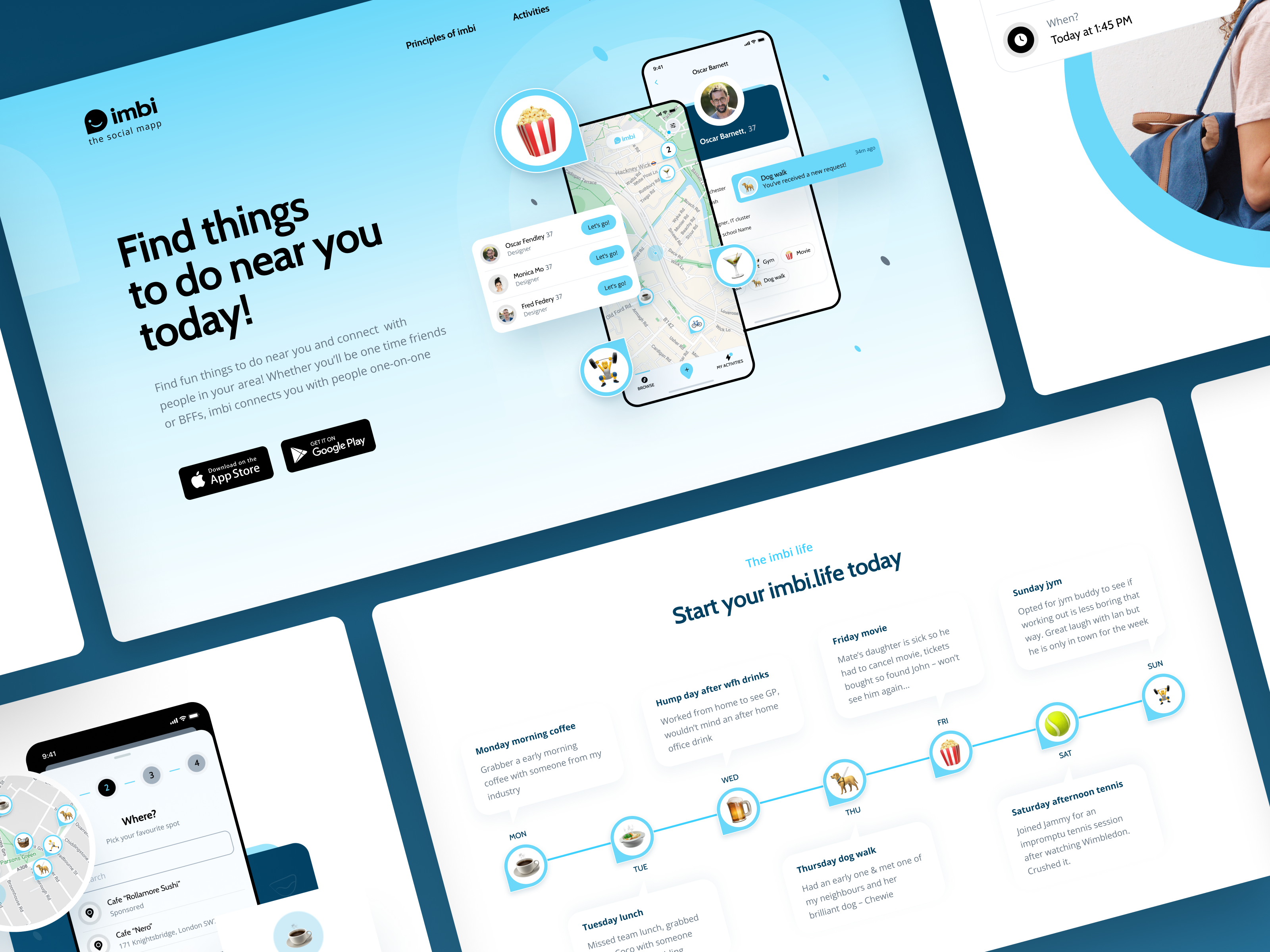 Landing Page For Dating Mobile Application | Imbi activities applicationdevelopment blue connections dating app emotions friends graphic design landing page logo map meetings mobile app mobile design pins social app social map ui design ux ui