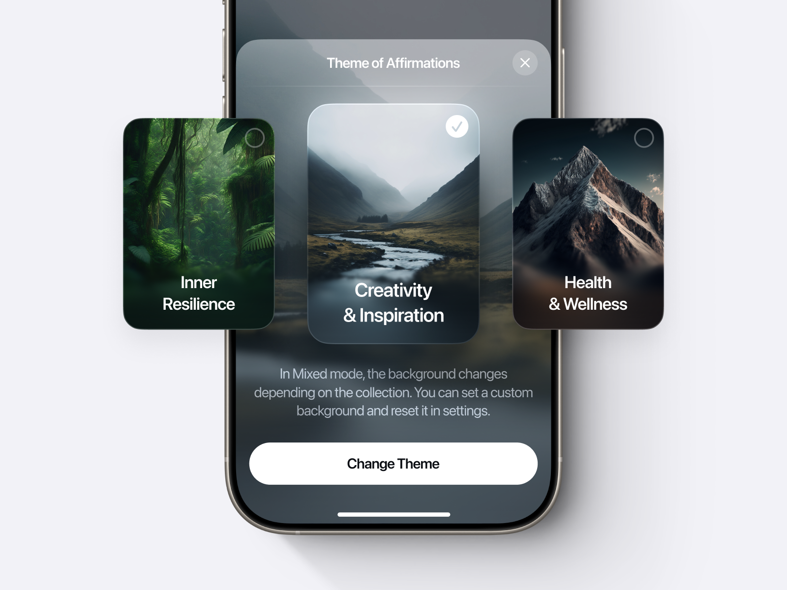 Theme of Affirmations aesthetic affirmation app background blur cards carousel collections custom dark iphone mental mix mobile mockup nature sheet theme ui ux