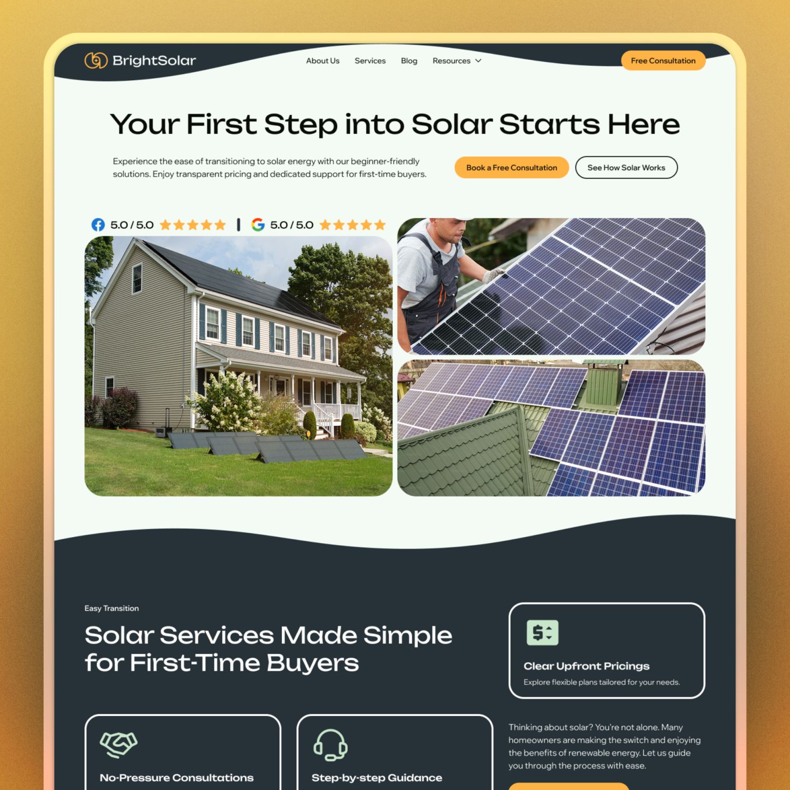 Bright Solar 🌞 Website Design | Solar for Suburban Families hero section landing page modern solar solar company website solar energy solar energy website solar landing page solar leads solar website solar website design solar website template web design website website design