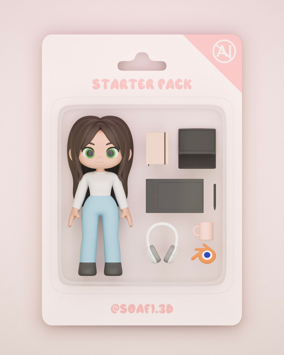 Starter Pack No AI 3d 3dart 3dblender 3dcharacter 3dmodel 3dmodeler 3dmodels character cute3d cuteart girl laptop notebook pack pen plastic toys
