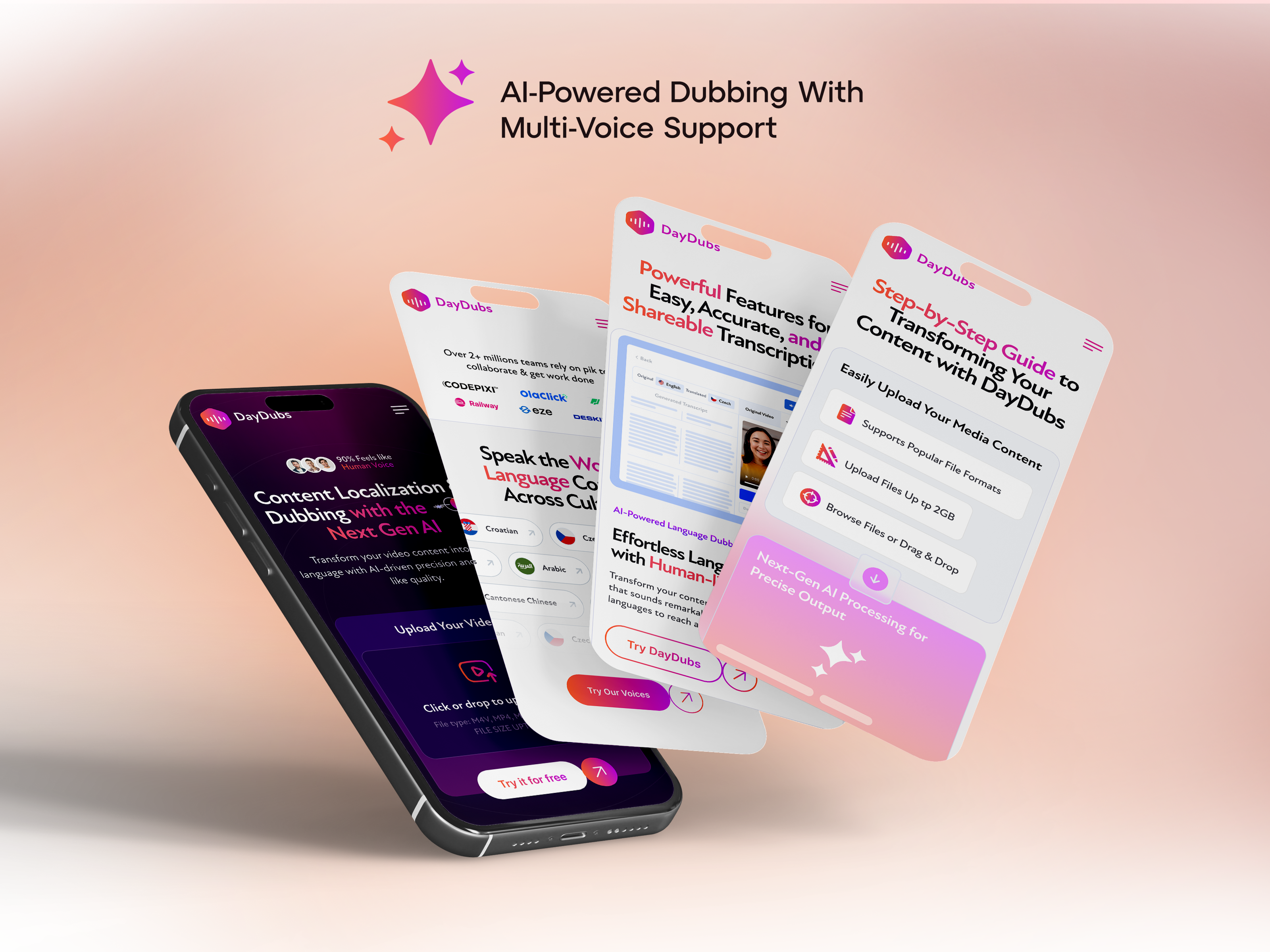 DayDubs Mobile Experience — Next-Gen AI Dubbing Made Responsive ai ai product app design brand identity clean interface content platform design system figma design landing page mobile design next gen ai product design responsive ui saas platform startup product ux ui design video platform visual design voice ai web app