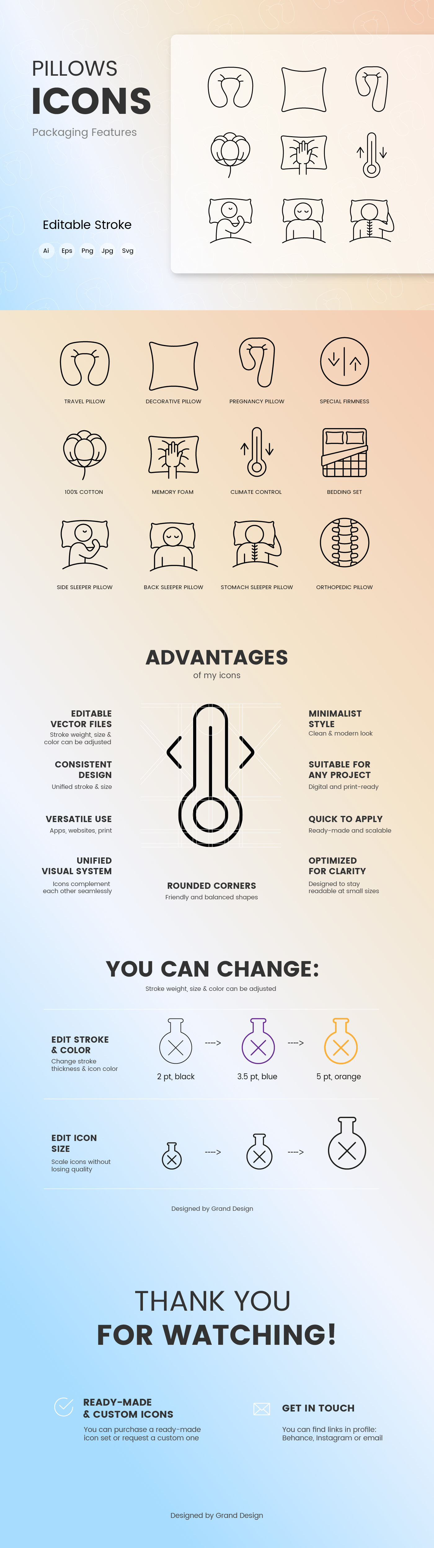 Pillow Types & Features – Line Icon Collection editable stroke graphic design icon illustration line pillows vector
