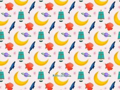 Moonlit Fishing bedding boat digital art digital illustration fish fishing graphic design home and living home decor living space moon moonlight planet seamless pattern design surface pattern wall art
