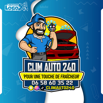 Clim Auto 240 HVAC Logo & Cartoon Mascot Branding autoservicedesign branddesign branding caracservices cartoonmascot characterdesign coolbranding creativebranding designwithpersonality dribbbleshots graphic design graphicdesign hvacbranding illustration illustrationbranding logo logowithcharacter smallbizbranding vehicleservicebranding visualidentitydesign