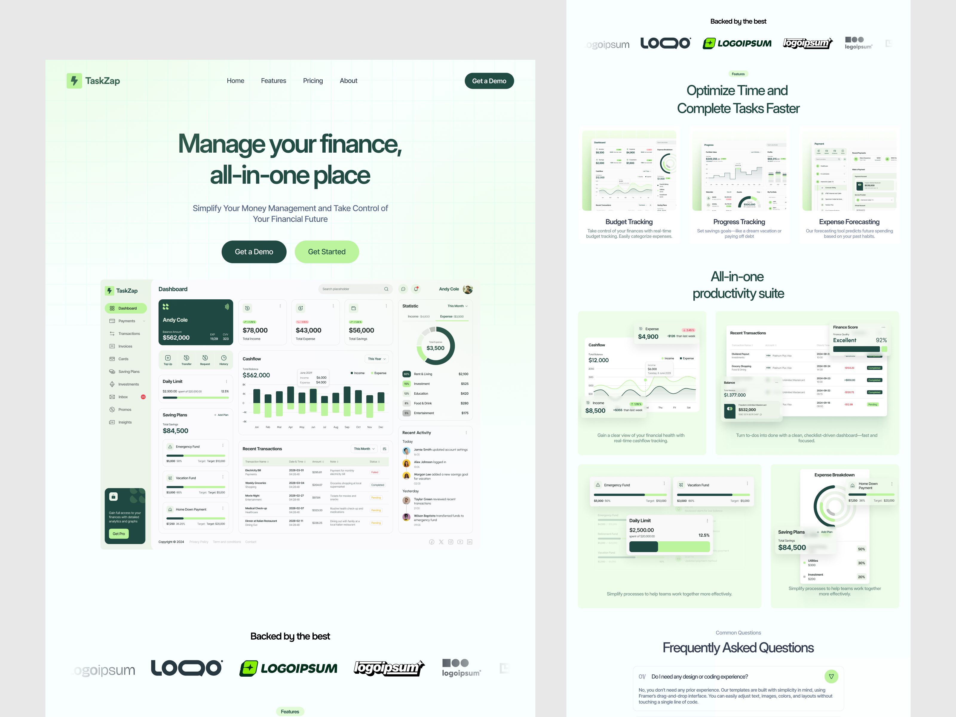 Taskzap -Fintech SaaS Landing Page b2b b2c dashboard design finance finance managment fintech fintech landing page framer framer developer framer development landing page management saas landing page saas website task management ui ux web design