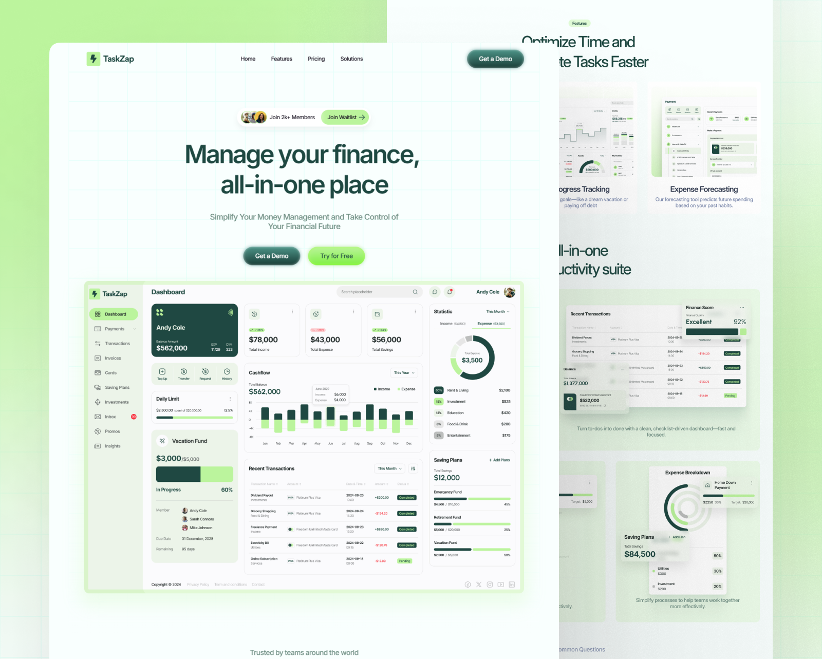 TaskZap - Fintech Landing Page dashboard design finance fintech framer framer developer framer development free download landing page management modern bento grid platform saas website ui ux web design