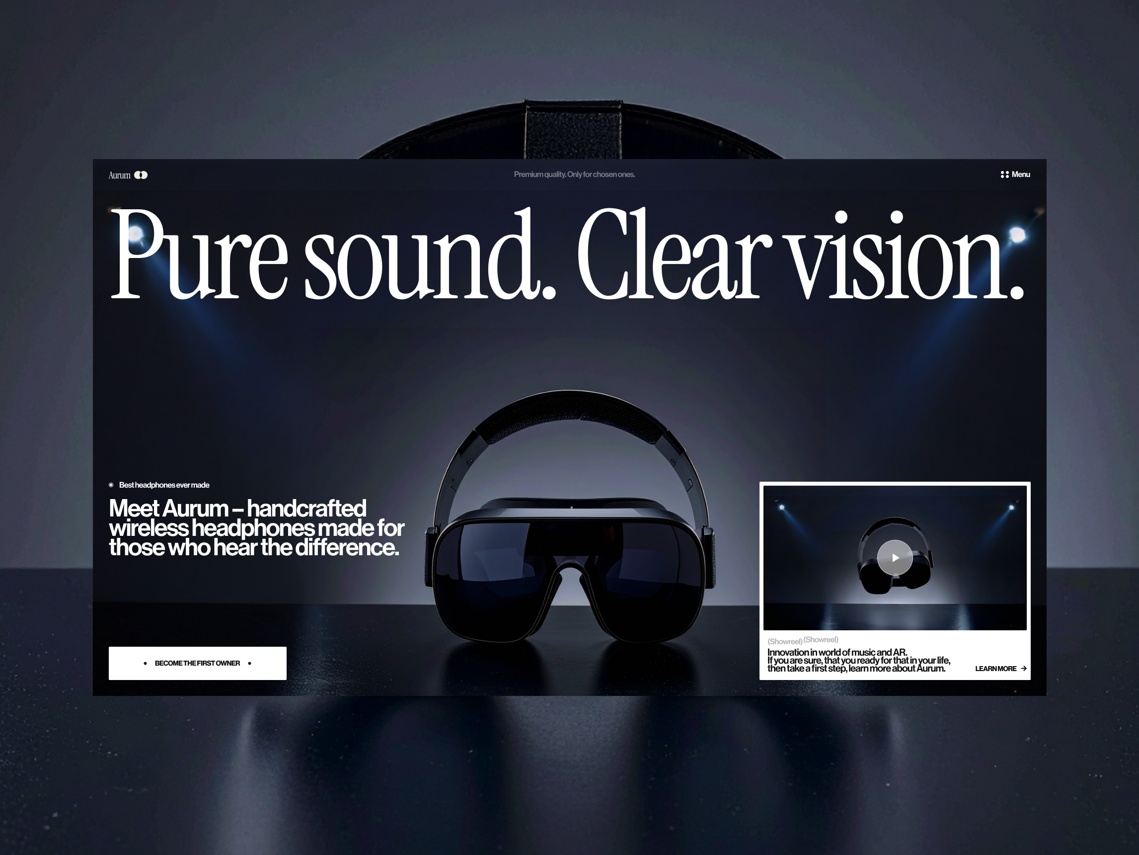 Aurum. Futuristic headphones. Rethinking the way we wear sound 3d animation concept design design electronics store electronics website glasses illustration one product store product ui promo site single product page ui user interface ux web web design