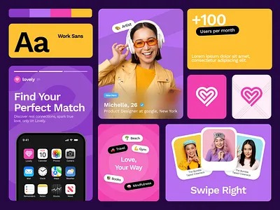 Dating App UI Concept app applicaton branding colourful dashboard dating find a match fonts hearts illustration minimal partner pink purple social social app vibrant