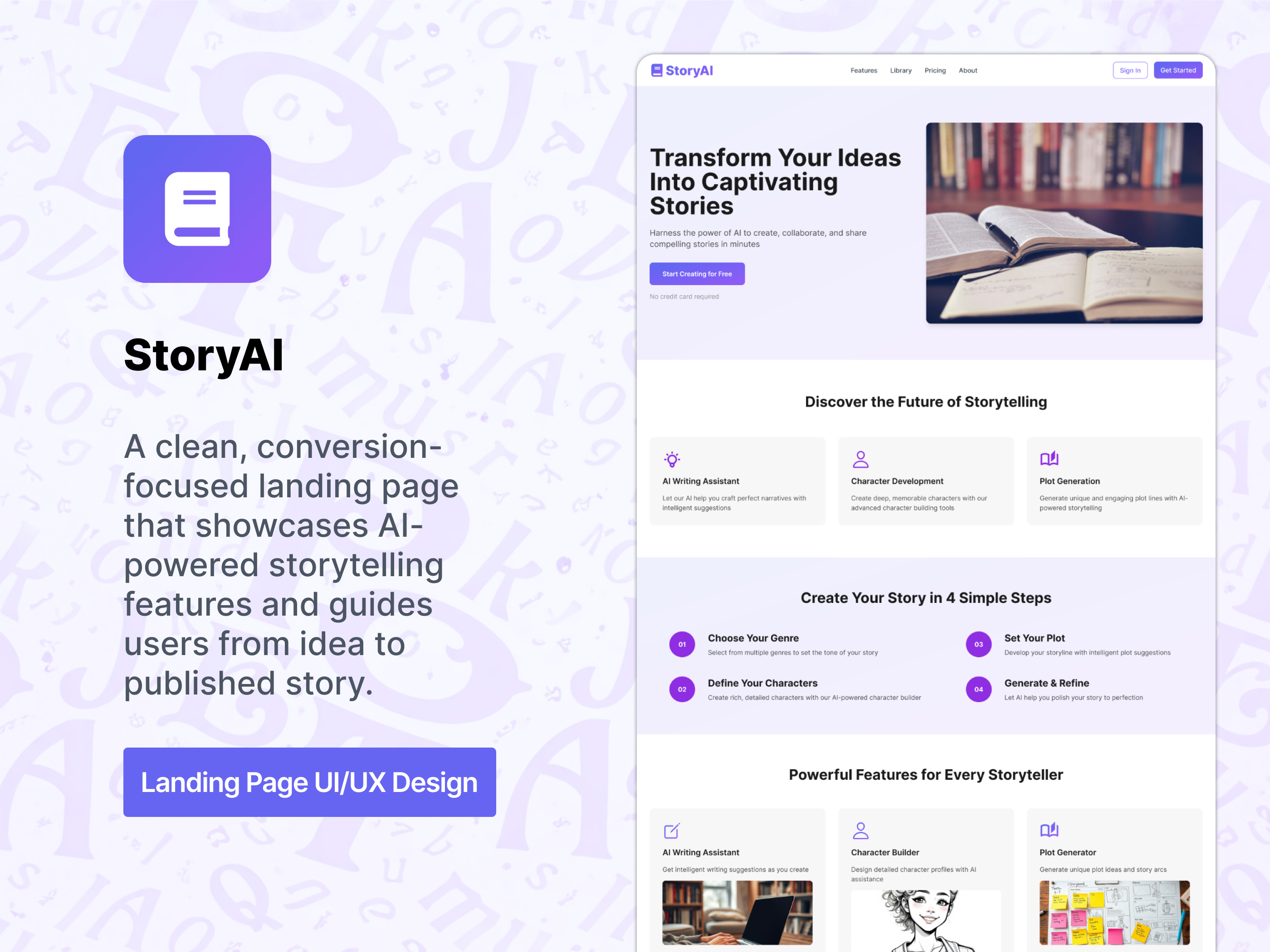 Storytelling Landing Page Design - Featuring AI Narrative Focus! aigeneratedstories landingpagedesign landingpageui storyai storytellinglandingpage storytellingwebsite storytellingwebsitedesigns uiux uiuxdesign