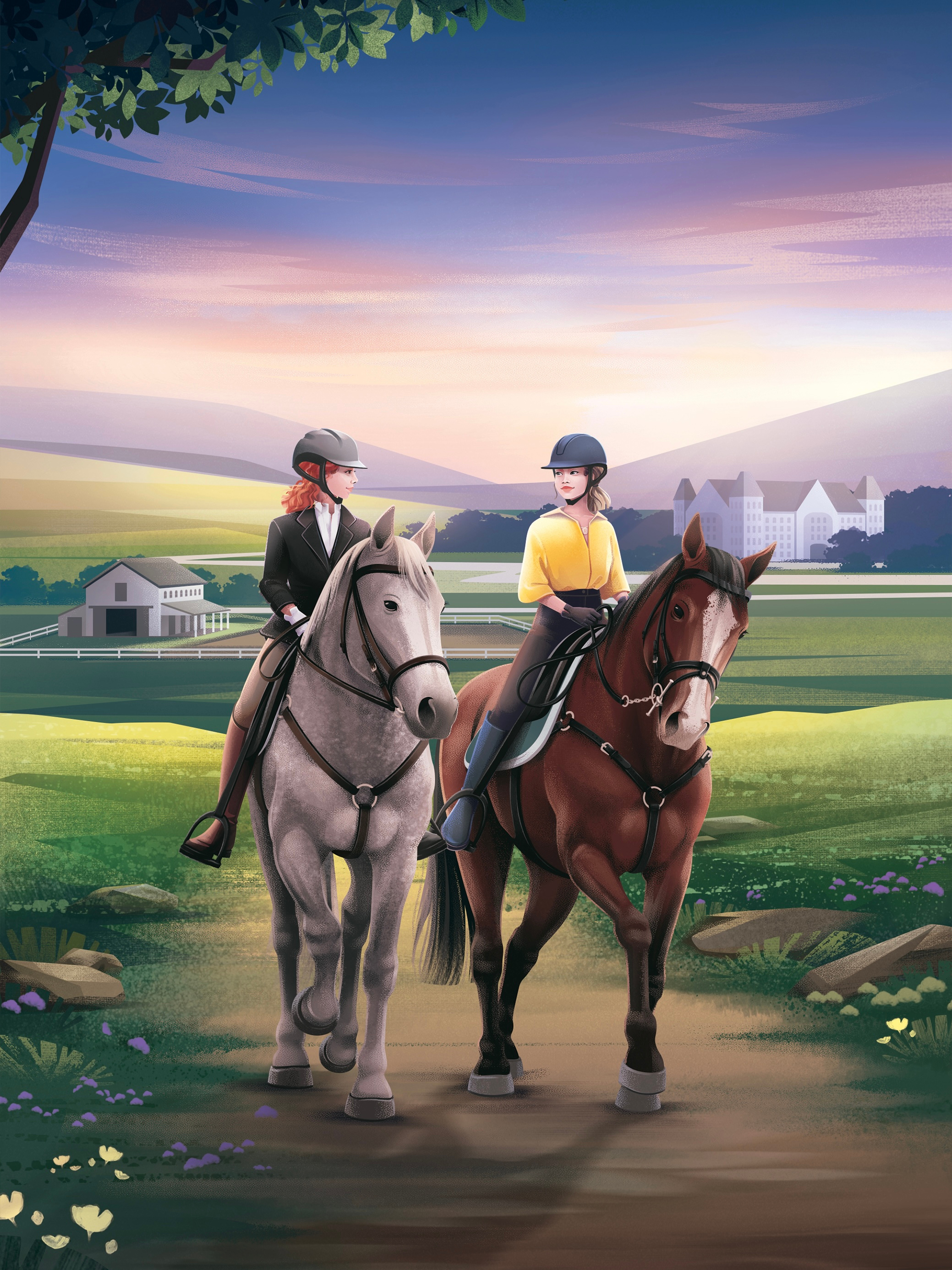 Saddlehill Academy Book #3 Cover barn book character colorful cover equestrian friends girl horizon horse horse riding illustration landscape mountains sunset texture valley walk