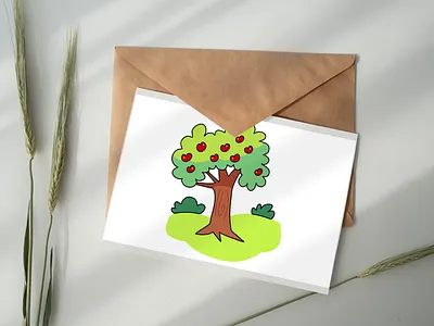 Cartoon Apple Tree in a Green Meadow landscape