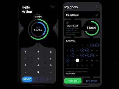 Money Saving App app calendar collect dark dark ui goal mobile money simple tracking ui