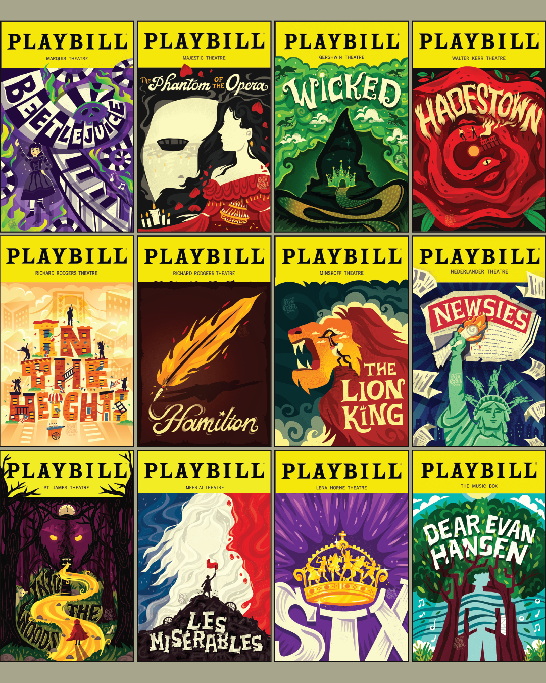 Reimagined Playbill Covers art direction broadway clever flat design lettering musical theater musicals negative space playbill typography