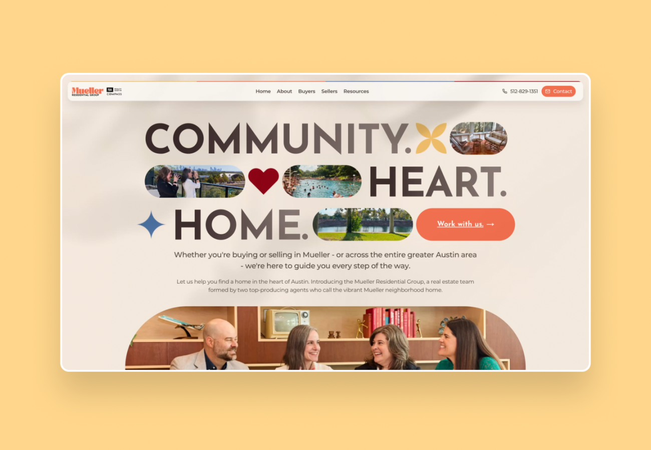 Mueller Residential Group Website 60s 70s colors funky home realtor realty services shapes team warm web design website yellow