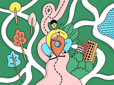 Destination 2d abstract buildings cartoon character design city destination driving editorial illustration location man nature procreate road