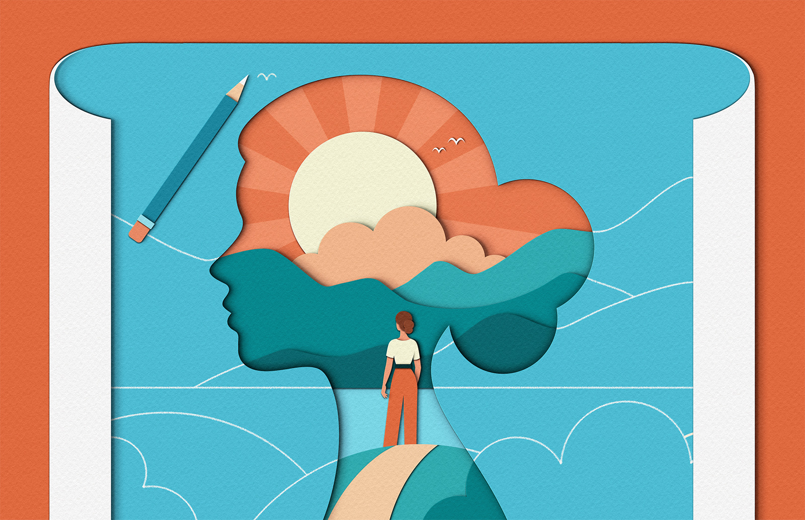 Making Plans blueprint conceptual design dreams editorial illustration landscape magazine mountains paper craft people plan reality scene scenery silhouette sketch sunrise