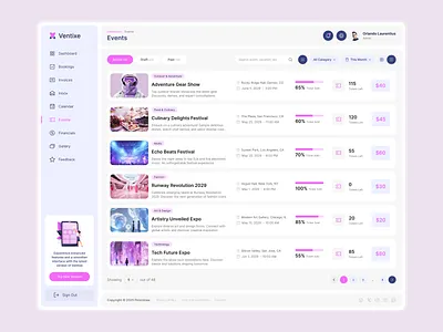Ventix Events & Feedback Page - Event Management Dashboard dashboard design event feedback page event list design event management dashboard event management solution event organizer ui event planning event tech design feedback system figma template figma ui modern ui template ui inspiration ui showcase ui trends ux for dashboard uxui design web app design
