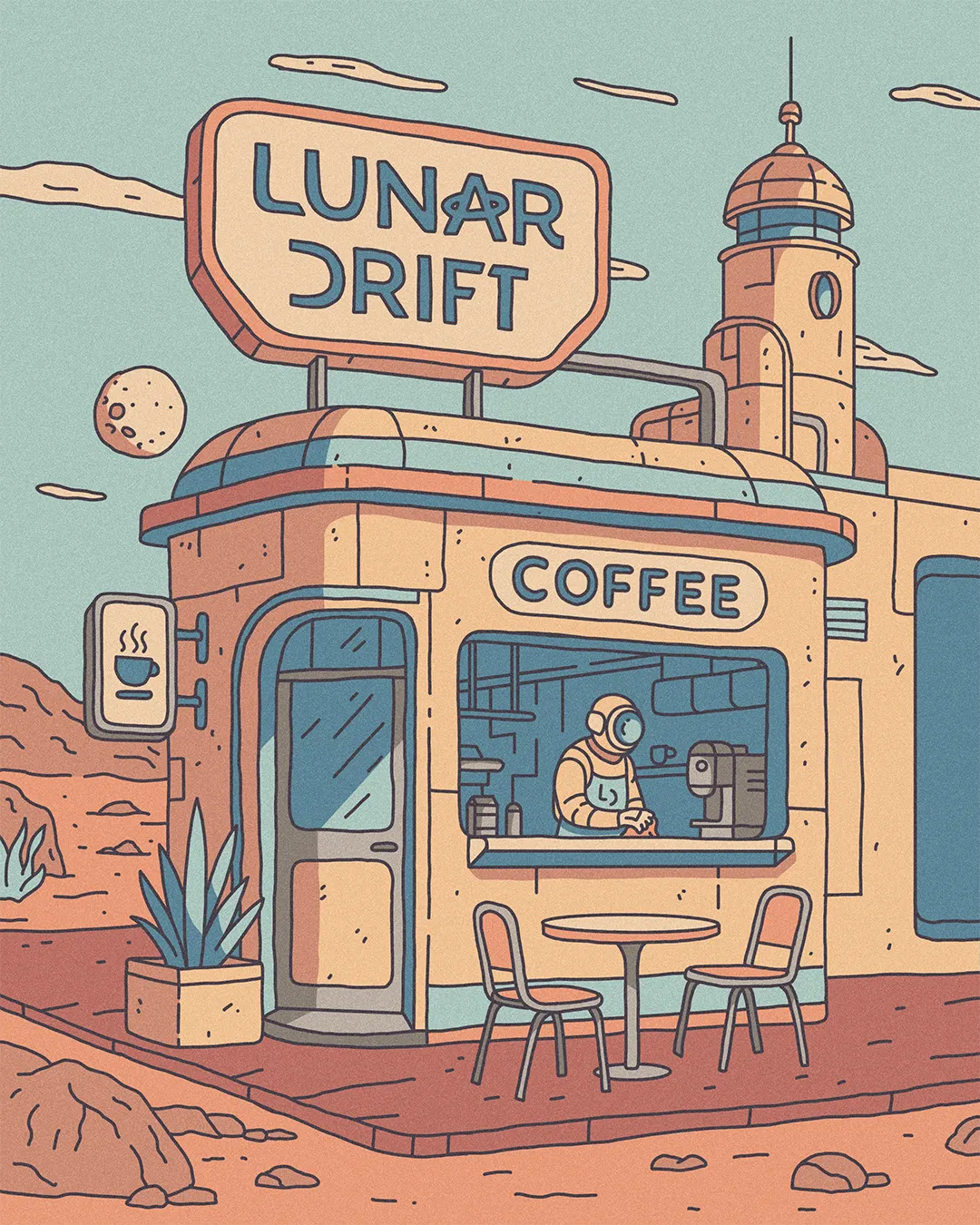 Lunar Drift Coffee Poster branding coffee branding design graphic design hand drawn illustration line art logo moebius space
