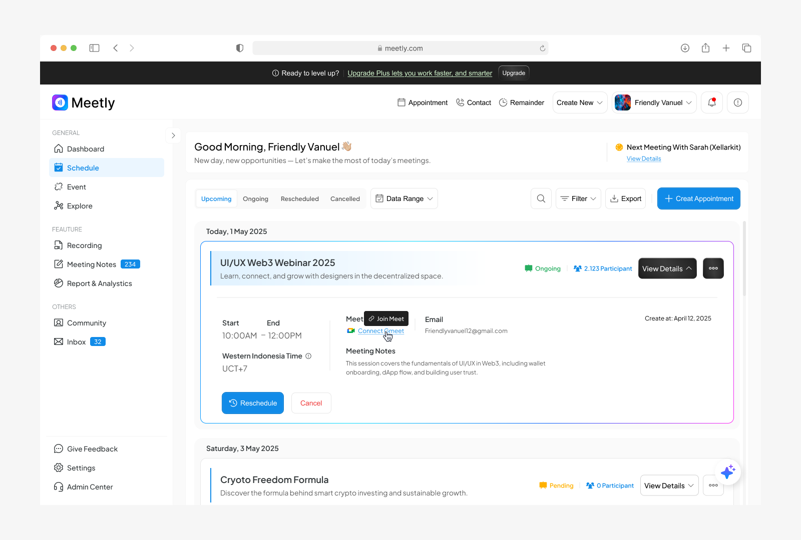 Meetly – Smart & Minimal Meeting Scheduler clean cool dashboard design list meeting meeting list schedule schedule list trust ui uiux ux