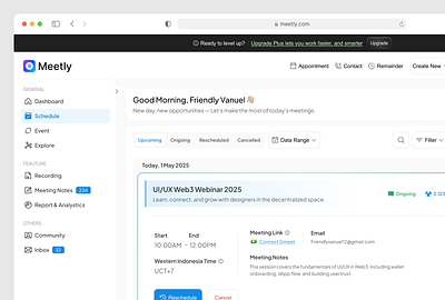 Meetly – Smart & Minimal Meeting Scheduler clean cool dashboard design list meeting meeting list schedule schedule list trust ui uiux ux