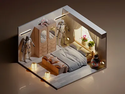 Star Wars Trooper's Quarters 3d 3d art 3d art work 3d design 3d modeling 3d visual bedroom bedroom interior design futuristic futuristic design home interior interior design lights minimalist minimalistic design robots room interior white