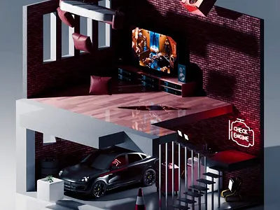 Urban Automotive Loft 3D Design 3d 3d abstract art 3d animation 3d art 3d design 3d visual abstract art animation car garage graphic design interior design isometric lights luxurious luxurious interior motion graphics multi level sofa stairs