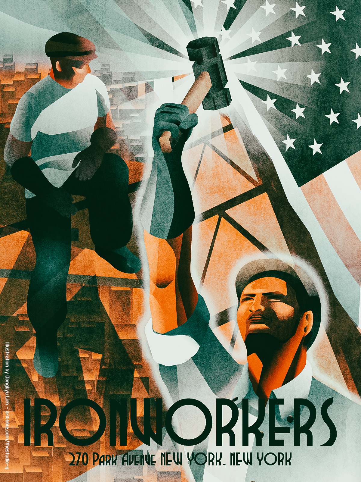 Ironworkers - inspired by Chase building, NY 1920s art deco illustration ironworker new york poster vintage