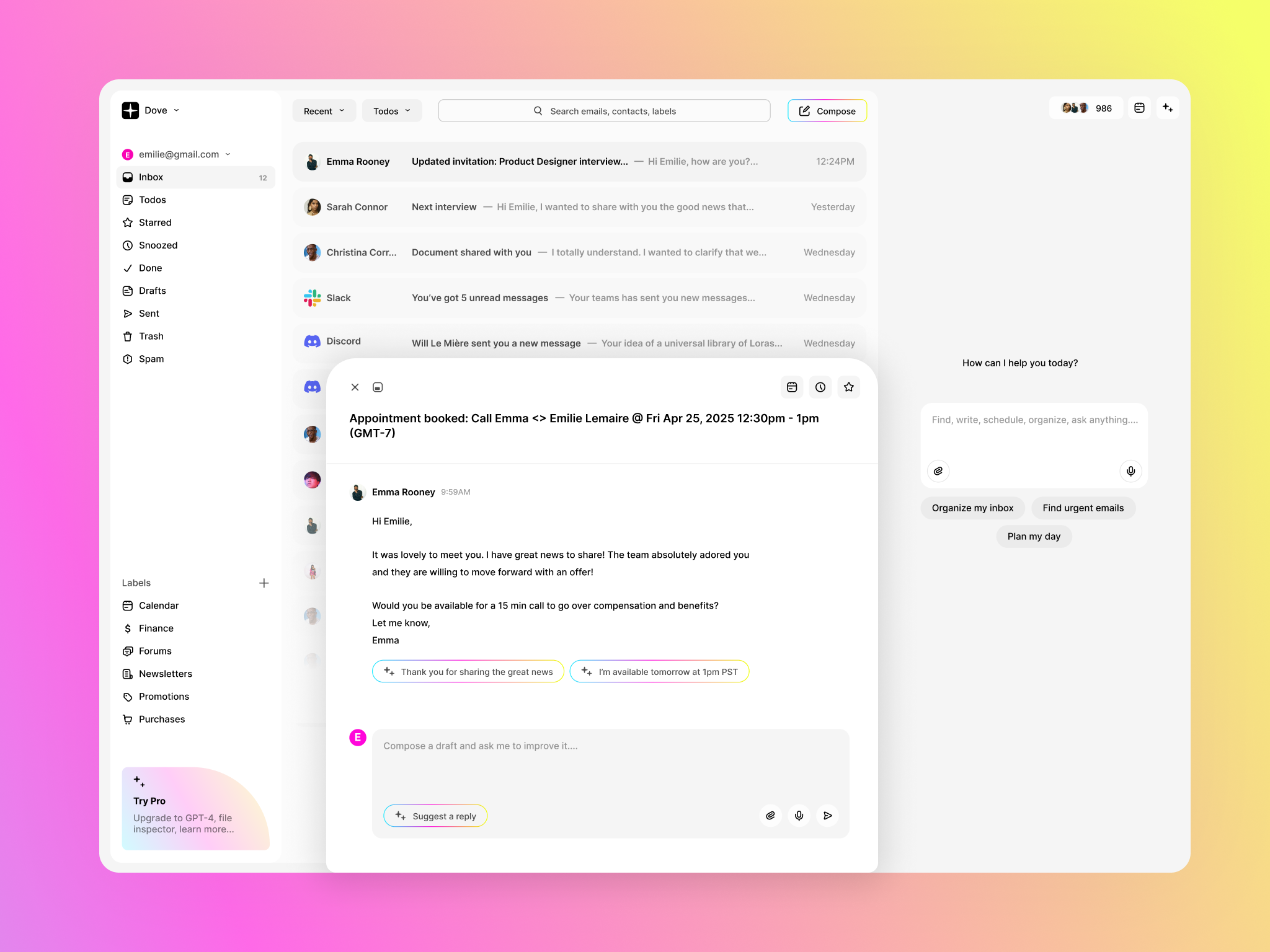 Example of Dove | AI-Powered Email Client (IP owned by Canary Mail)