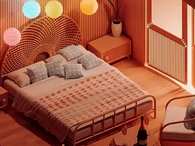 Lantern-Lit Bedroom Corner 3d 3d art 3d art work 3d model 3d visual animation bedroom colorful colorful lights cozy cozy bedroom creative graphic design home interior interior design lights plant room interior wooden wooden furniture