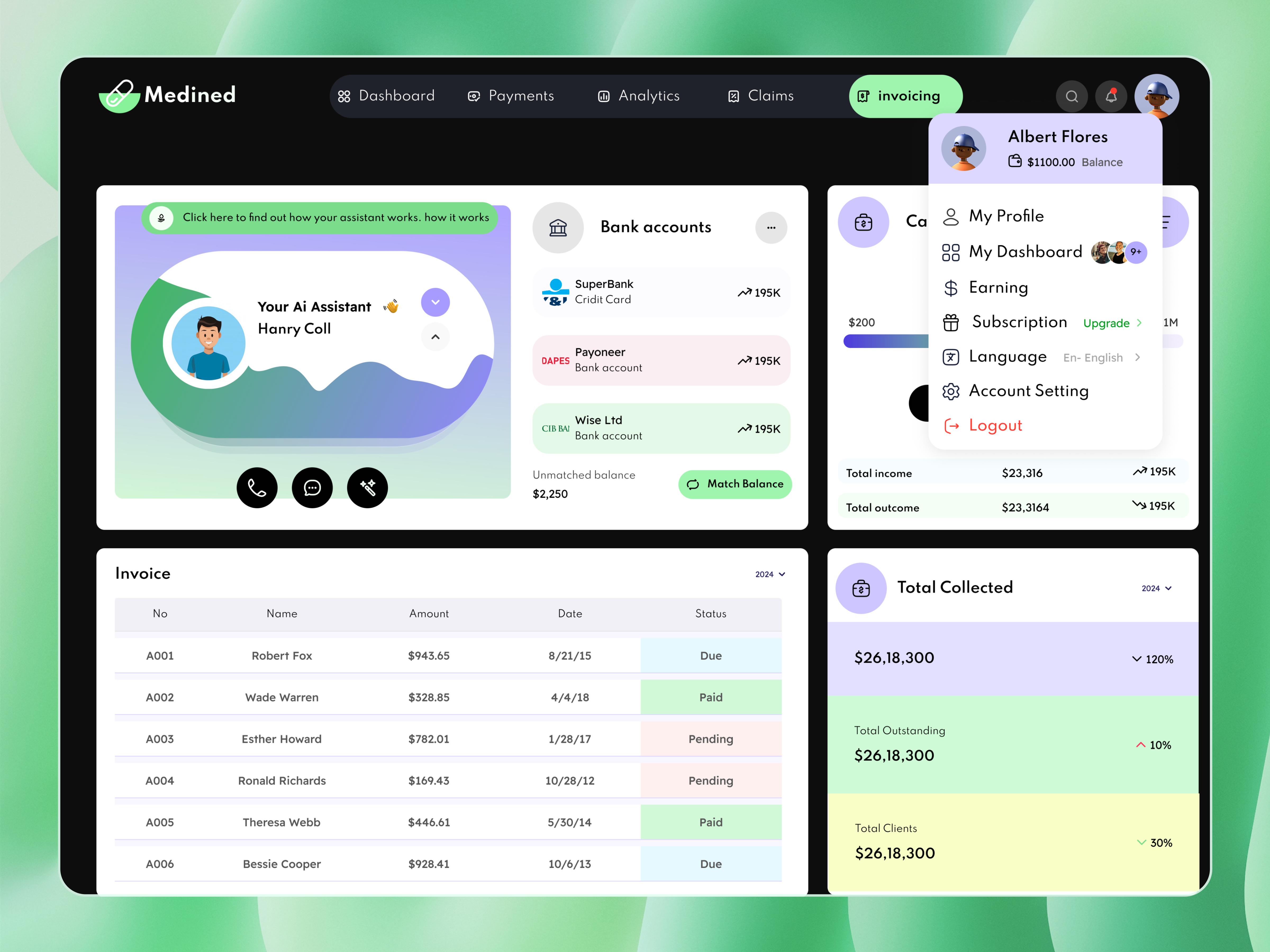 Hospital Management Dashboard ai analytics clinic dashboard dashboard insight digital healthcare health tracking healthcare landing page hospital hospital dashboard hospital data medical medical tracking app therapy web app wellness