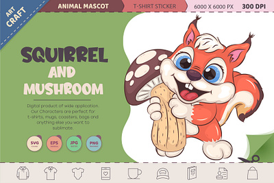Squirrel and mushroom. animal art cartoon character comic design illustration mascot png rodent squirrel t shirt vector