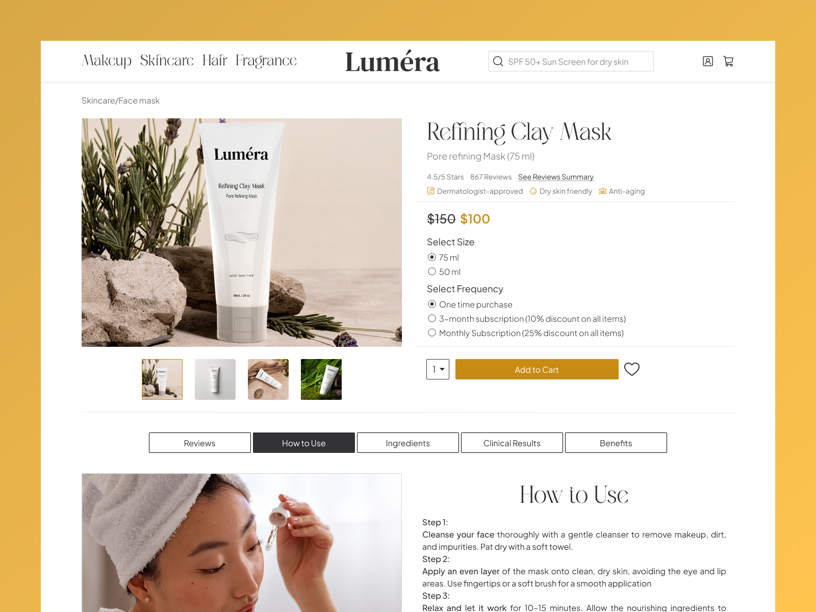 Product Page Design – Luméra Skincare beauty brand clean ui ecommerceux minimal design product page skincare design uiux design
