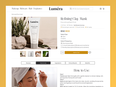 Product Page Design – Luméra Skincare beauty brand clean ui ecommerceux minimal design product page skincare design uiux design