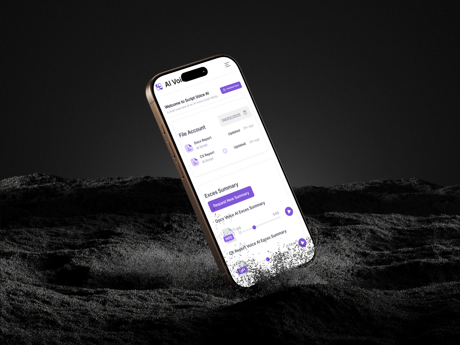 AI Script Voice - Dashboard Result Voice Summary 99 design aisummary aivoice animation dashboard desainmodern design ui purpledashboard ui uiux userinterface