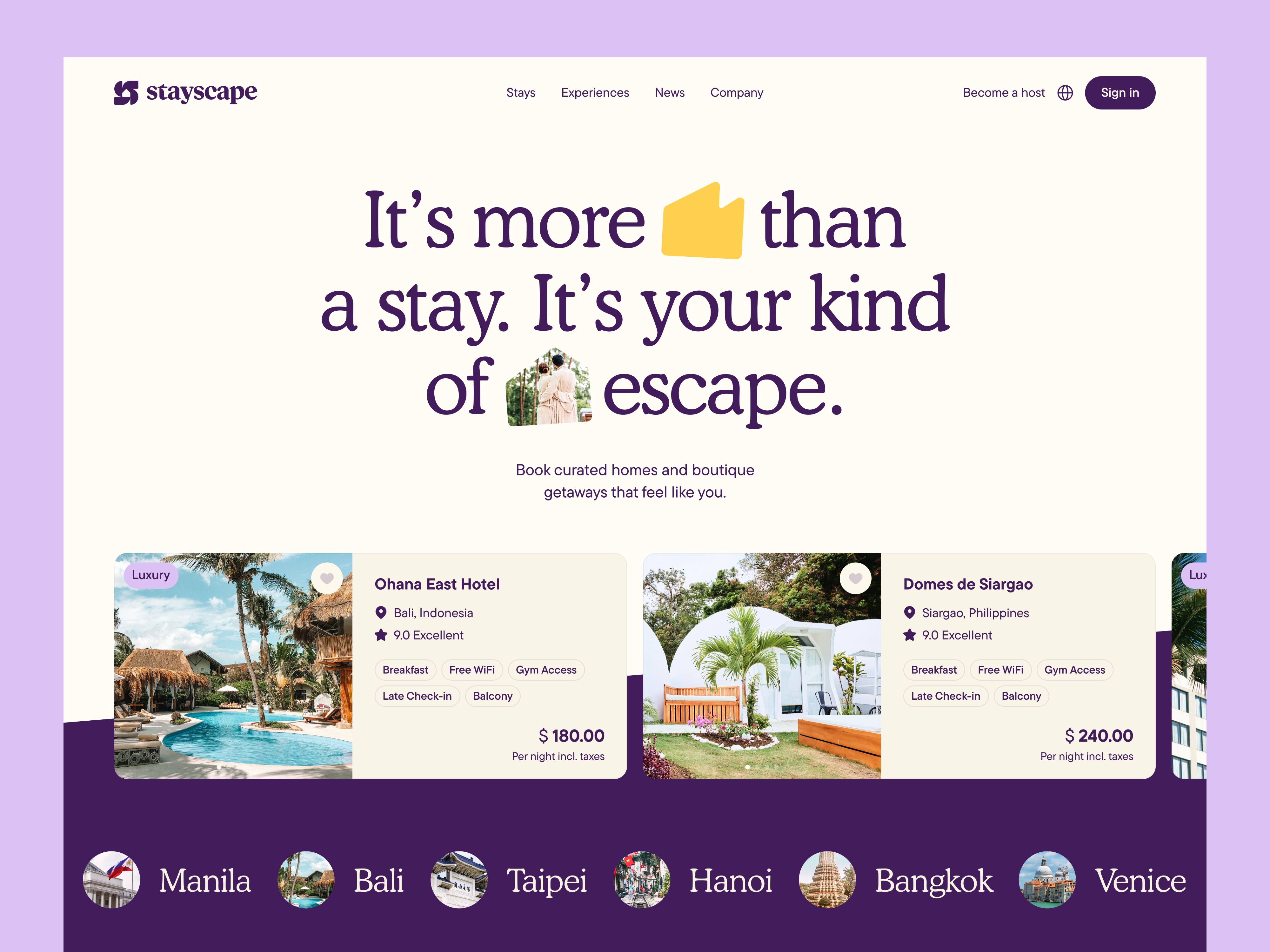 Stayscape UI accommodation animation app booking branding design graphic design hotel illustration landing logo page purple travel typography ui ux vector warm website