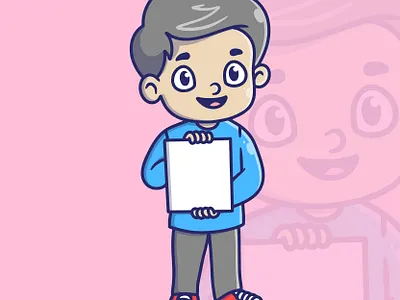 Cute Cartoon Boy Character Holding Blank Paper cheerful boy