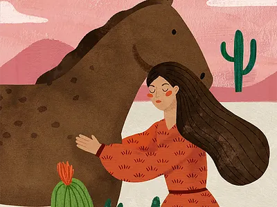 Girl and Horse in Desert - Boho Whimsical Art animal illustration bohemian aesthetic dreamy art editorial illustration folk style girl and horse gouache illustration modern painting nature art nature inspired painterly texture pastel tones slow living whimsical art