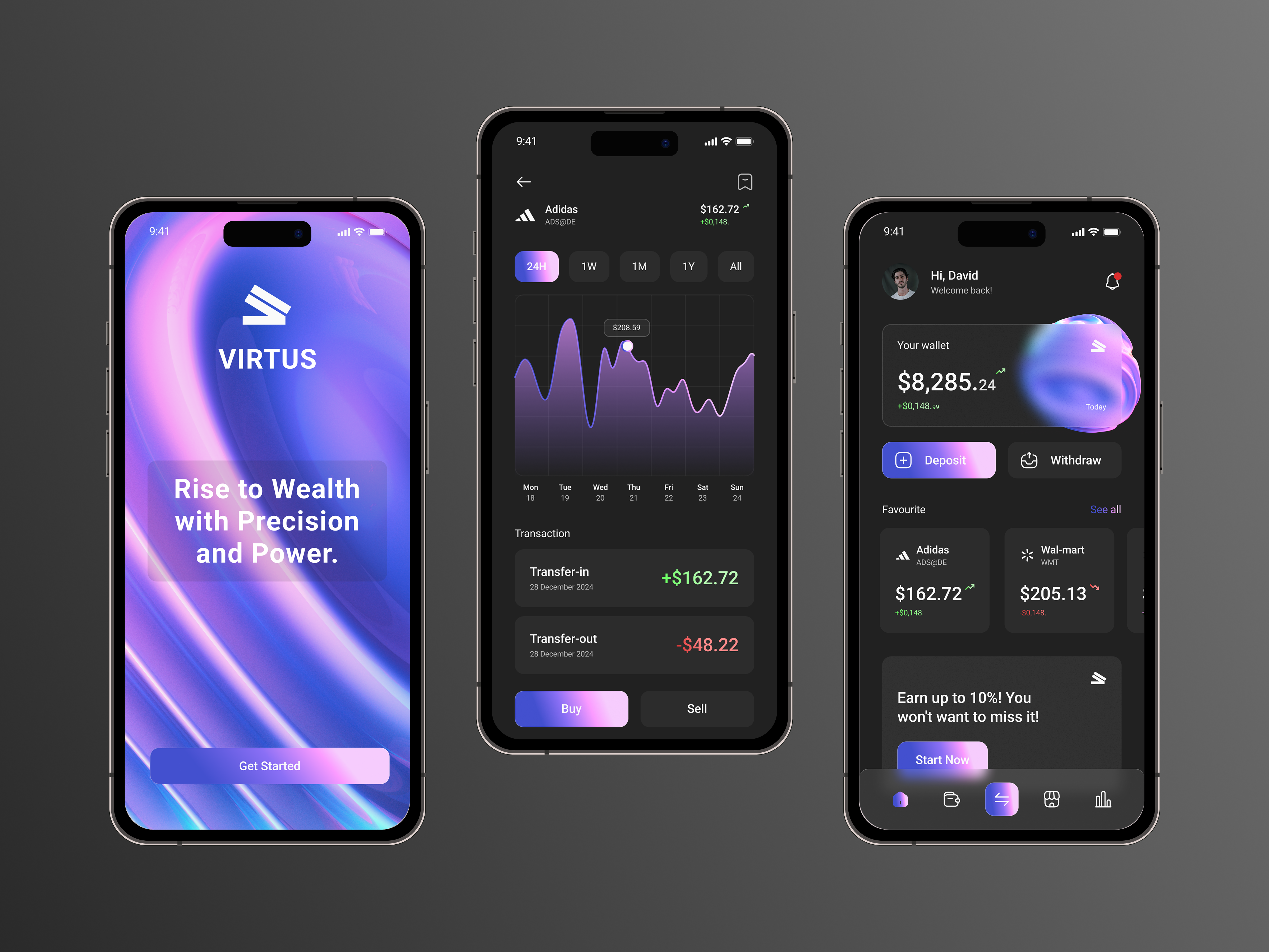 Virtus - Trading Mobile App app design chart dark theme dark ui finance fintech investment mobile mobile app saas stocks trading trading app ui ux wallet