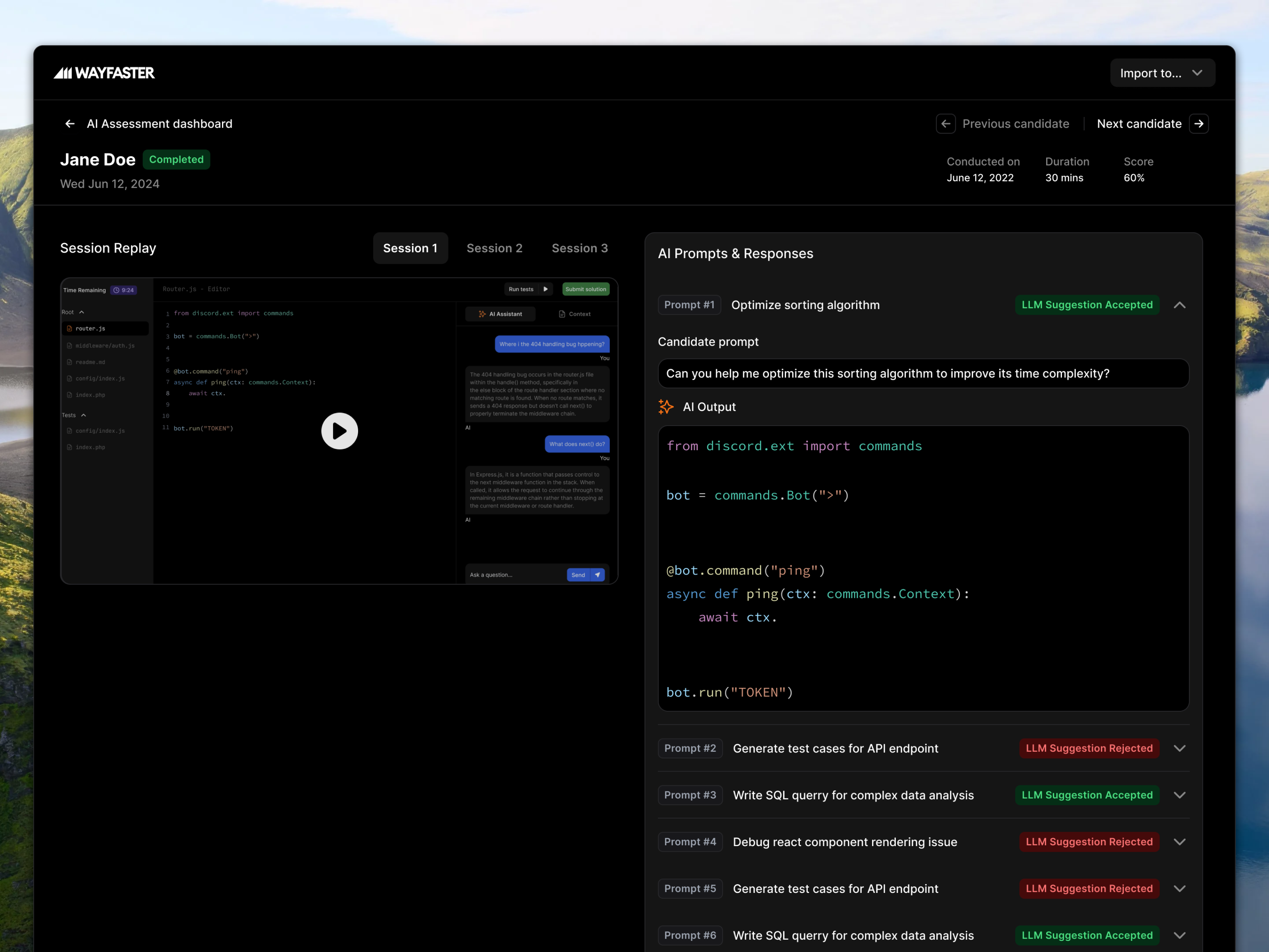 Live Session Review with AI Prompt Tracking ai ai assistant ai interview ux assesment platform candidate evaluation code editor dark mode dashboard developer tools interview tool llm product design prompt engineering saas tech recruiting ui design ux design wayfaster assessment web app