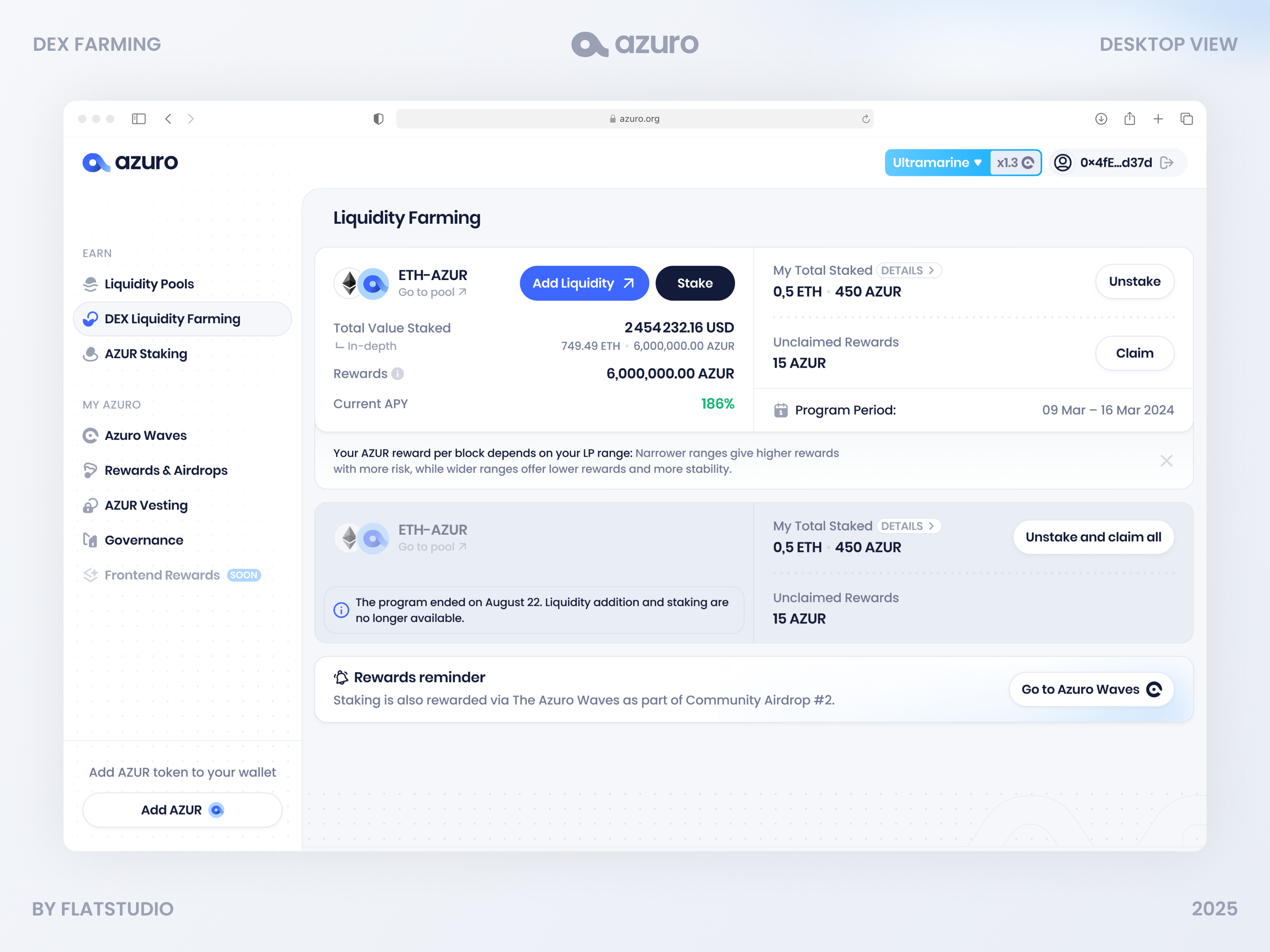 Azuro App: DEX Farming app azuro crypto dao decentralized defi design desktop dex ethereum interface light mobile modal staking token ui ux web web3