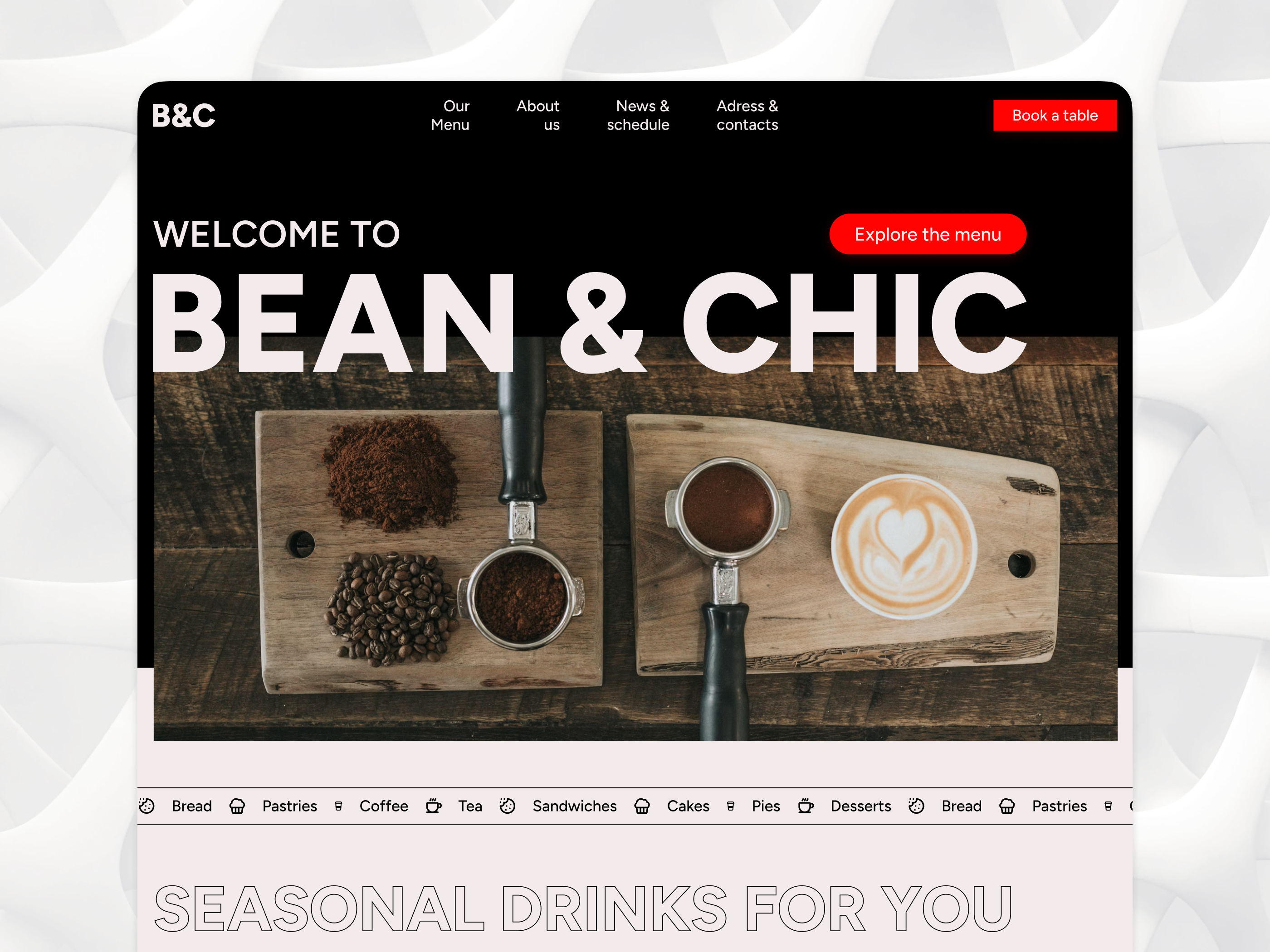Bean & Chic - Cafe Web Design cafe coffee shop design figma figmadesign interface landing ui uiconcept ux uxui uxuidesign web web design webdesign