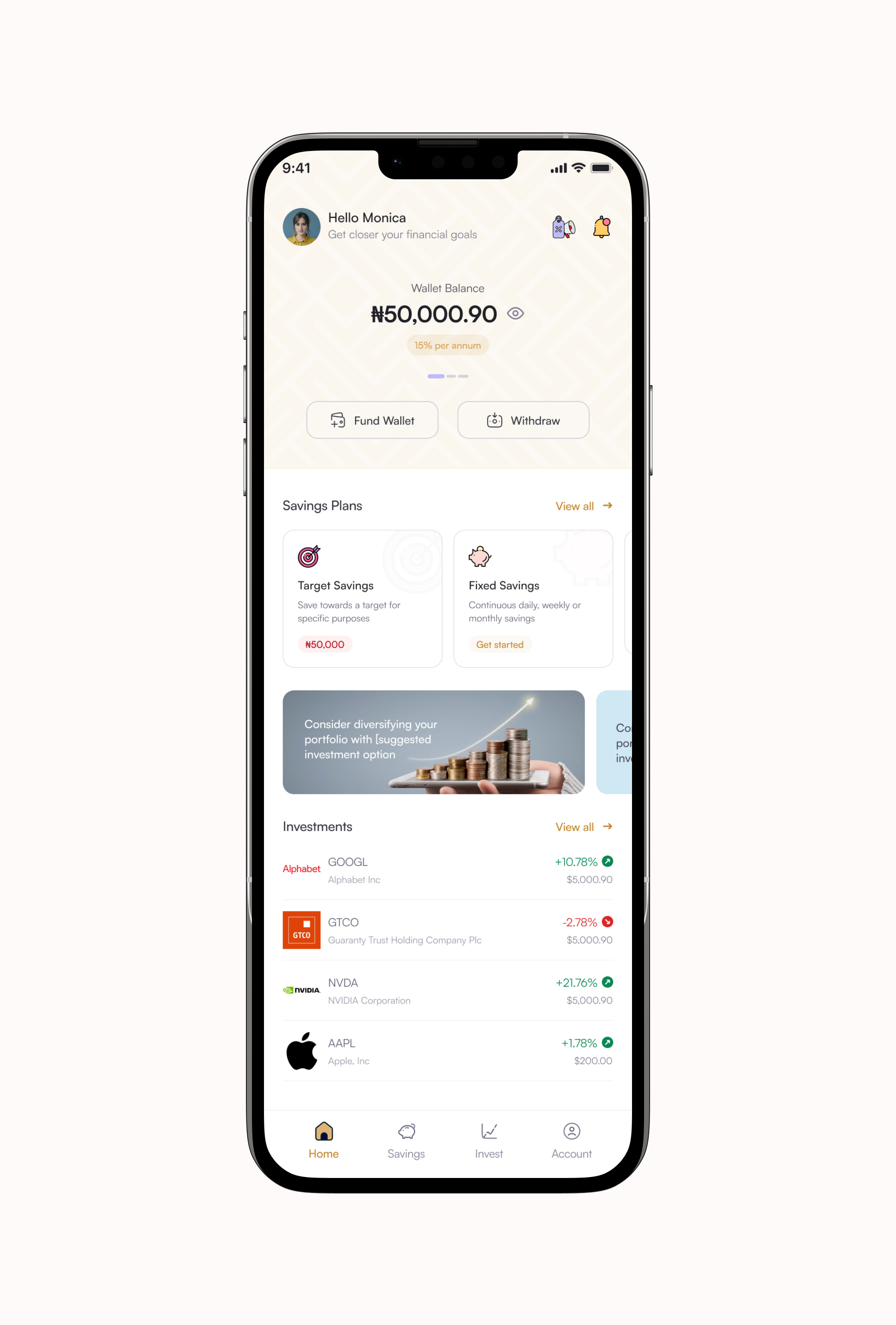 Home page of a Savings/Investment mobile application mobile app ui ux