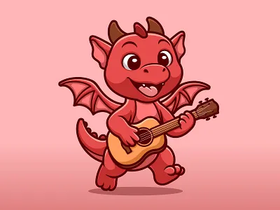 Cute Red Dragon Playing Guitar – Mascot Character Illustration animal branding cartoon character design fun character graphic design illustration kawaii kids logo mascot t shirt
