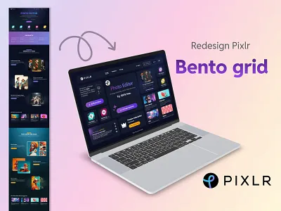 Redesign Pixlr with a Bento Grid Layout ai image generator ai website aidesign bento grid component designinspiration designthinking designtrends editfaster figma minimaldesign noscroll pixlr plugin responsive design techinnovation uidesign ux design variant web design