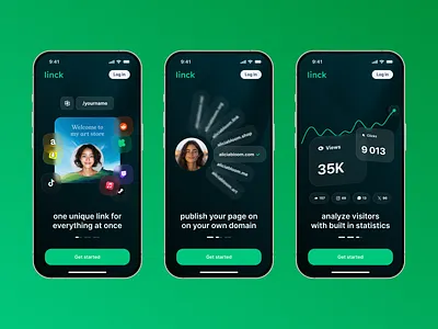 Welcome screens of Linck app app biolink glass green intro screen ios linck link in bio linkinbio login screen mobile mobile app mobile app design mobile app ui welcome screen