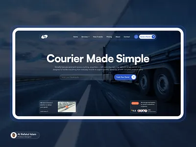 Courier Service – Hero Section Design cleanui courierapp darkmodeui deleveryplatform designshowcase figmadesign herosection interectiondesign landing page logisticsui moderninterface ui uidesign uitrends uiux uiuxdesign userinterface webdesign