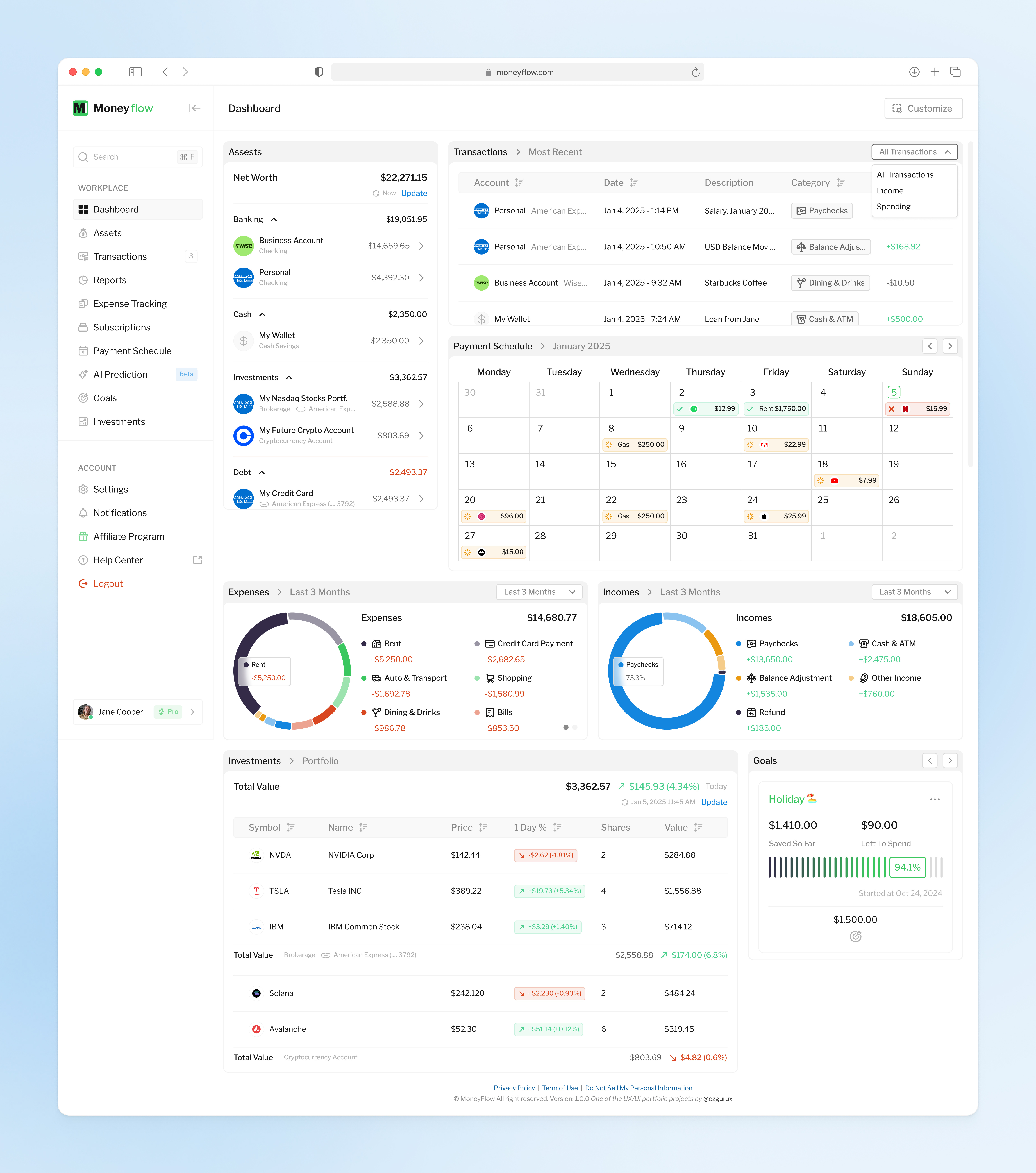 Personal Finance Management SaaS Platform, Dashboard case study dashboard earning expense finance ui finance ux fintech investing investment landing page mobile app money payment portfolio project report ui ui design ux ux case study ux design