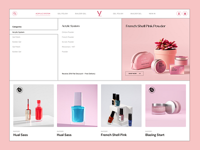 Nail Care eCommerce Website Mega Menu cosmetics design ecommerce femenine hand care landing page mega menu nail care nailpolish navigation online store shop shopify skin care web design woocommerce